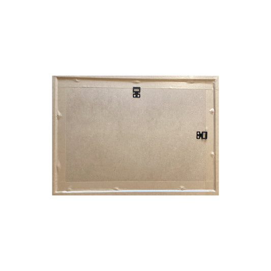 The back view of a rectangular picture frame with a light wood border, a tan backing board, and metal hanging hardware on a plain white background.