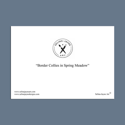 Card with 'Selina-Jayne Art' logo and text about border collies in a spring meadow on a white background.