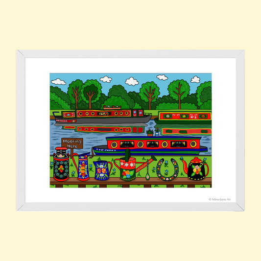 Canal Boats Limited Edition Framed Fine Art Print by Selina-Jayne in White Frame - Canal Boats at Rest Giclée Wall Art