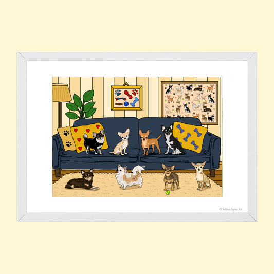 Chihuahua Dogs Limited Edition Framed Fine Art Print by Selina-Jayne in White Frame - Couch Companions Giclée Wall Art