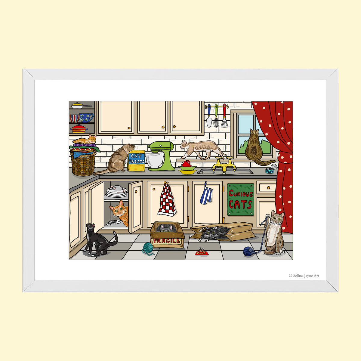Curious Cats Limited Edition Framed Fine Art Print by Selina-Jayne in White Frame - Curious Cats in the Kitchen Giclée Wall Art