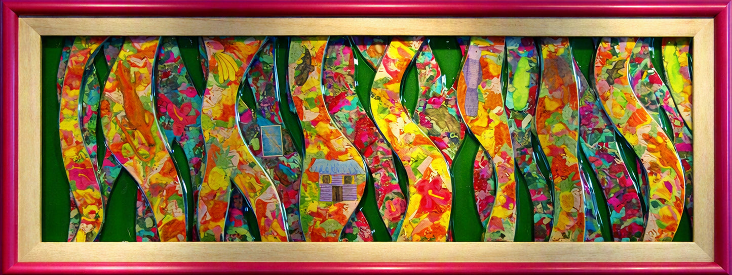A framed Trapunto At Glass featuring multiple vertical wavy bands filled with colourful floral and painterly patterns on a green background, enclosed in a gold inner frame and a magenta outer frame.