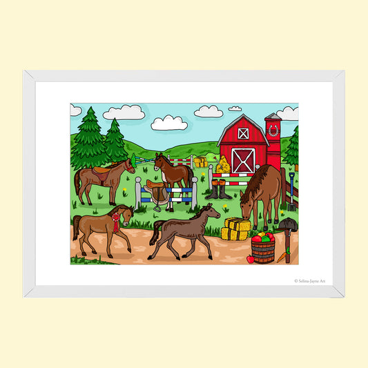 Horses Limited Edition Framed Fine Art Print by Selina-Jayne in White Frame - Horses by the Old Barn Giclée Wall Art