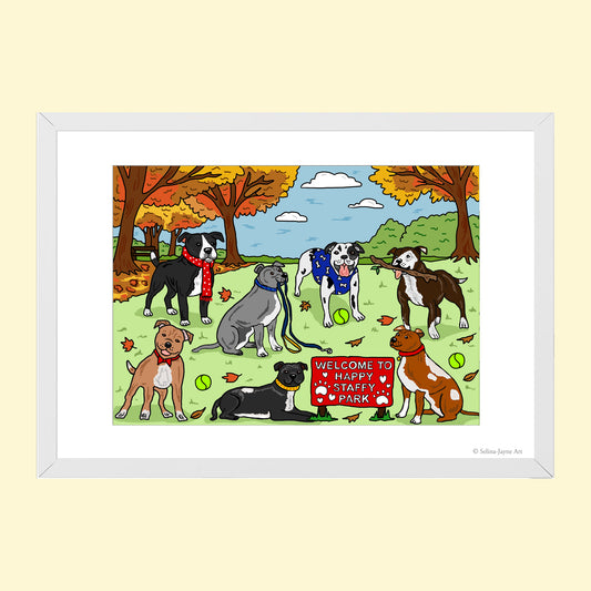 Staffy Dog Limited Edition Framed Fine Art Print by Selina-Jayne in White Frame - Happy Staffy Dog Park Giclée Wall Art