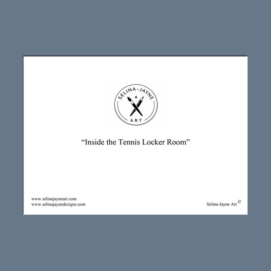 A minimalist art print featuring the text 'Inside the Tennis Locker Room' with the Selina Jayne Art logo centered above it, set against a solid slate blue background.