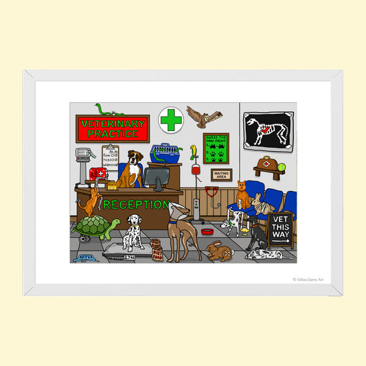 Vets Limited Edition Framed Fine Art Print by Selina-Jayne in White Frame - The Vets Waiting Room Giclée Wall Art