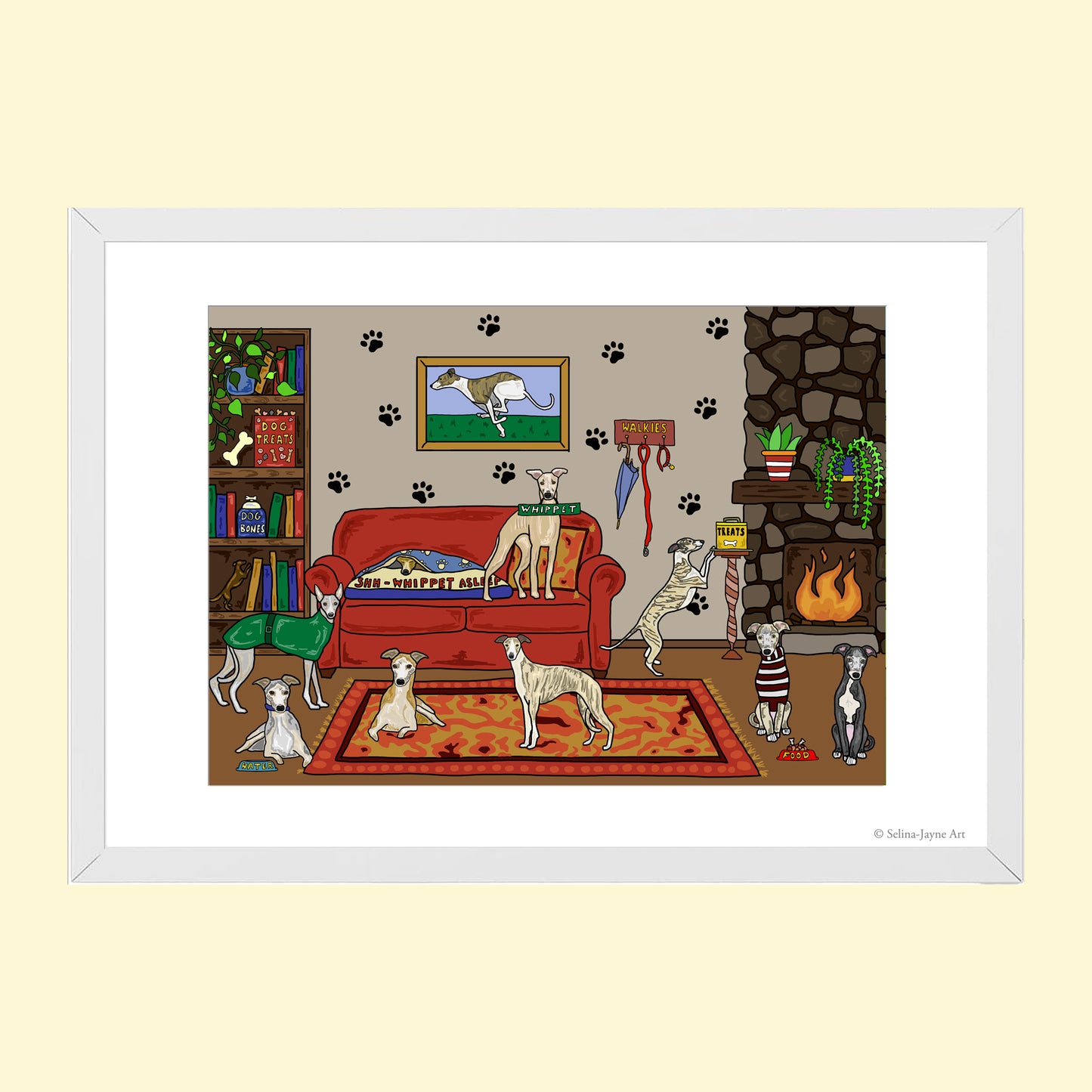 Whippet Dogs Limited Edition Framed Fine Art Print by Selina-Jayne in White Frame - Snug as a Whippet Giclée Wall Art