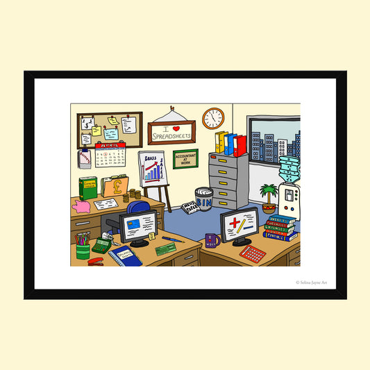 A framed cartoon art print depicting an office workspace with a computer, desk clutter, calendar, and city skyline window, shown against a pale beige background.