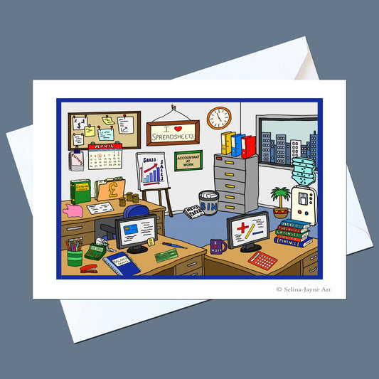 A white art print card featuring a colorful cartoon illustration of a cluttered office workspace, shown with a white envelope on a slate blue-gray background.