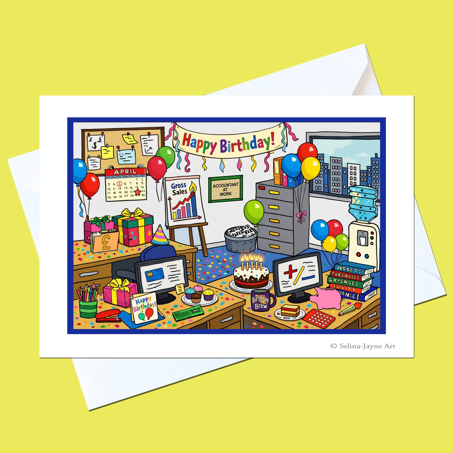 A square birthday greeting card with a white envelope, featuring a colorful cartoon illustration of a busy office decorated for a birthday. The card is displayed on a solid pale yellow background.