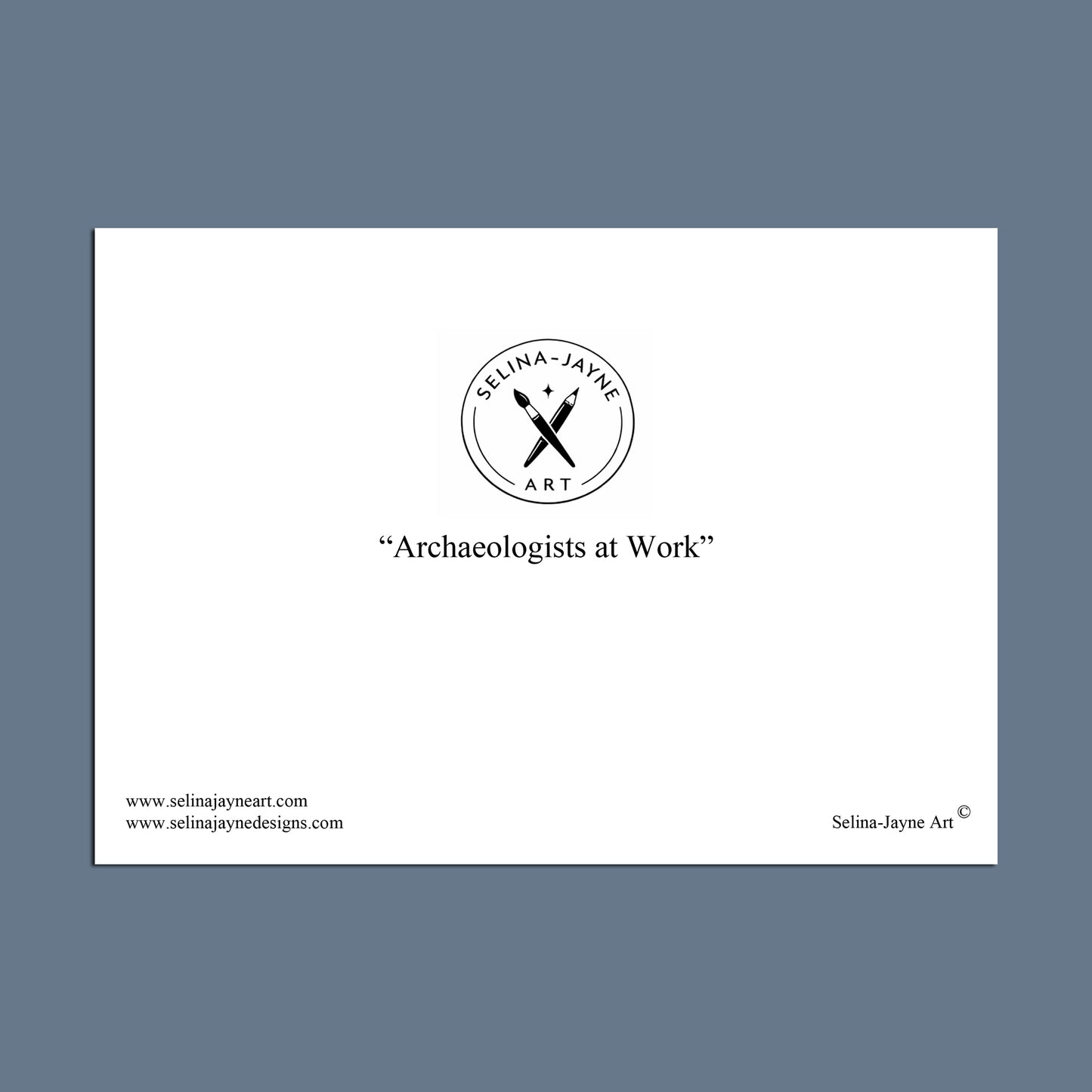 White card with 'Selina-Jayne Art' logo and text on a blue background