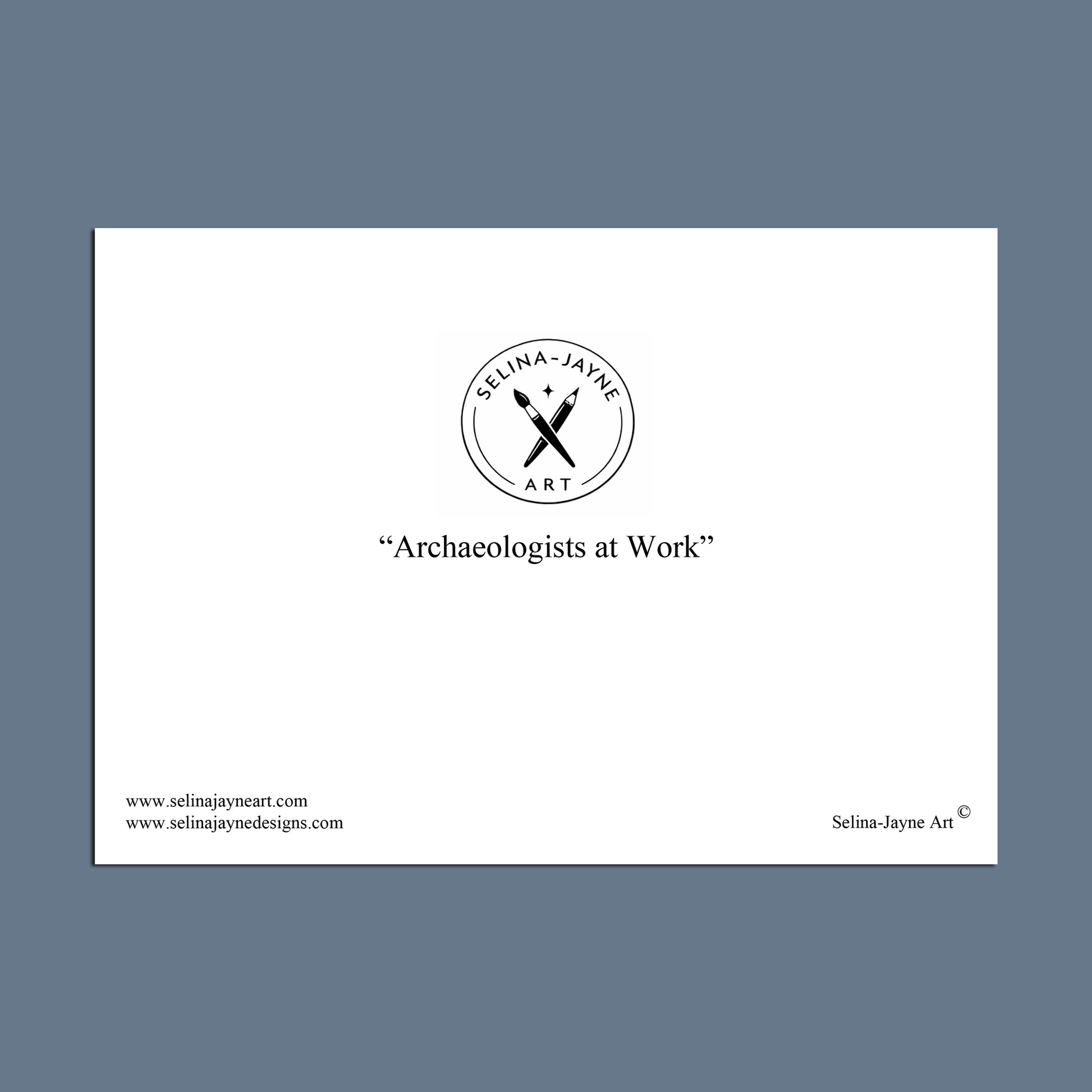White card with 'Selina-Jayne Art' logo and text on a blue background
