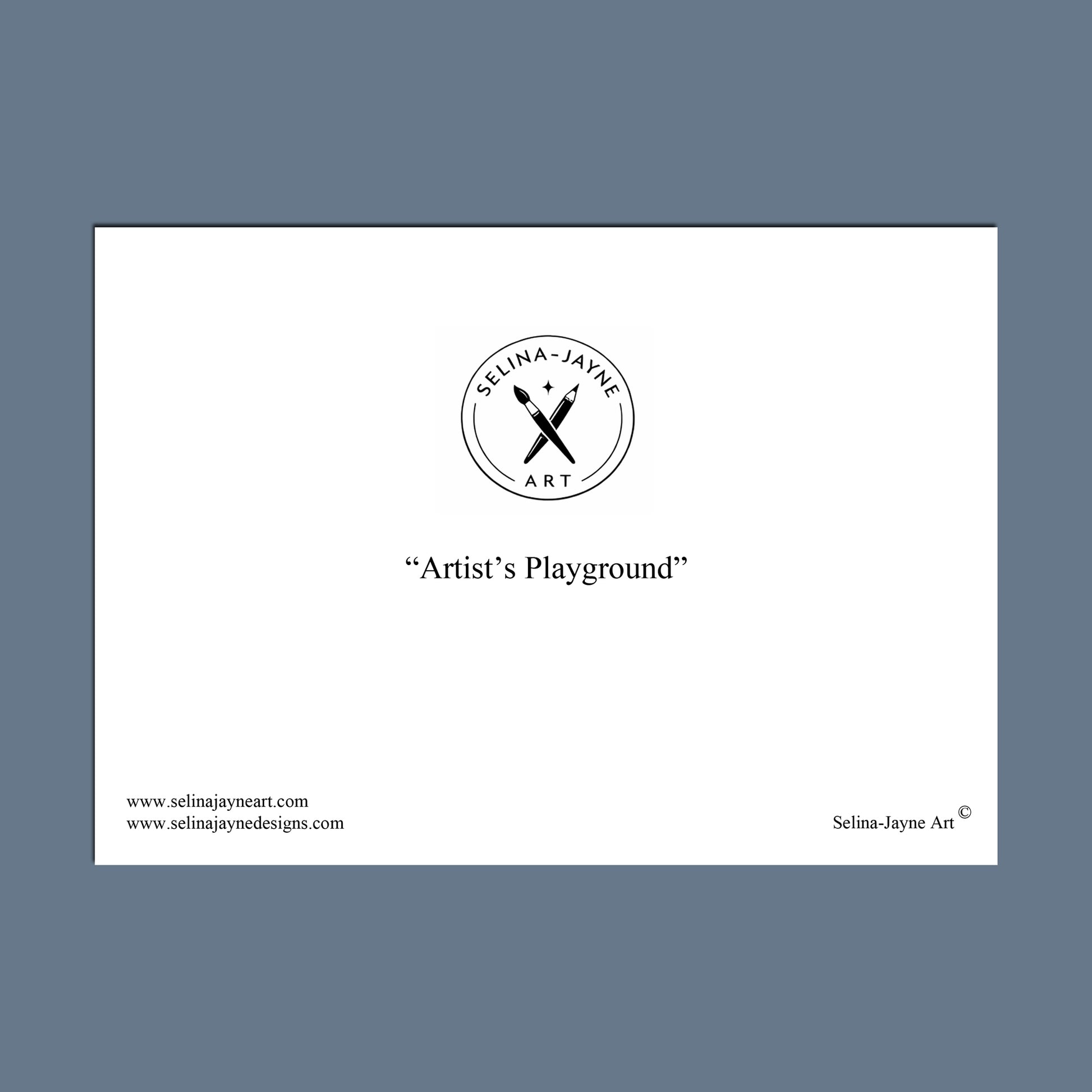 A minimalist art print featuring a black circular logo for 'Selina Jayne Art' with crossed tools, the text 'Tinsel, Tax, and Tidings!' in quotes, and website text on a white rectangular card centered on a solid green background.
