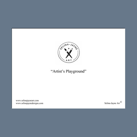 A minimalist art print featuring a black circular logo for 'Selina Jayne Art' with crossed tools, the text 'Tinsel, Tax, and Tidings!' in quotes, and website text on a white rectangular card centered on a solid green background.