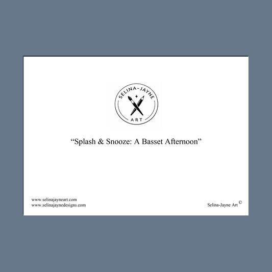 A minimalist art print or poster on a white rectangular card centered against a muted slate blue background. The card features the circular 'Selina Jayne Art' logo at the top center, the title 'Splash & Snooze: A Basset Afternoon' in black text, and website text along the bottom left and right.