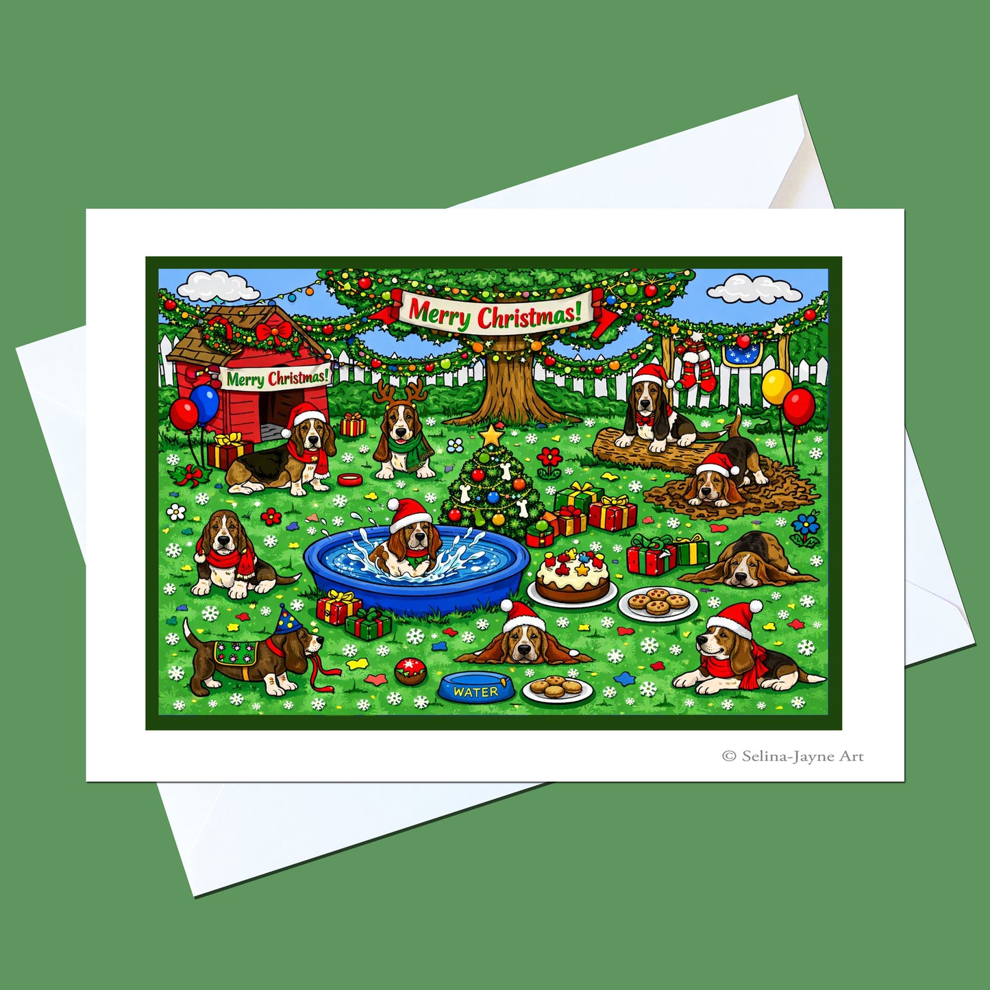 A Christmas-themed art print featuring multiple dogs in a festive outdoor scene with 'Merry Christmas' banners, balloons, gifts, and a blue pool, shown on a white card with an envelope against a solid green background.