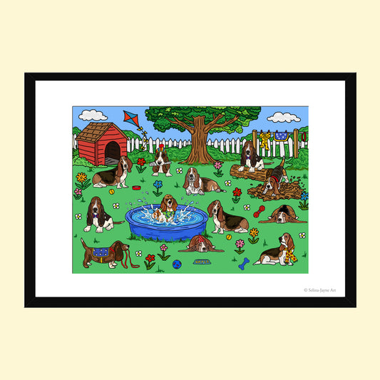 A framed art print featuring a colorful cartoon illustration of basset hounds in a backyard scene with a doghouse, tree, fence, and blue pool, shown against a light beige background.