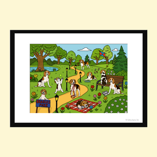 Beagles Limited Edition Framed Fine Art Print by Selina-Jayne in Black Frame - Beagles in the Park Giclée Wall Art