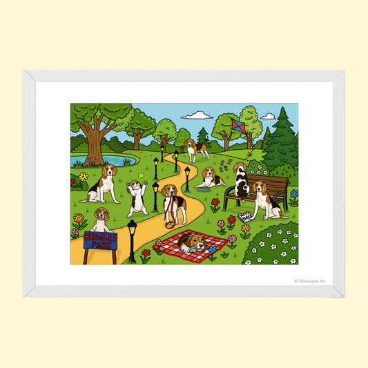 Beagles Limited Edition Framed Fine Art Print by Selina-Jayne in White Frame - Beagles in the Park Giclée Wall Art