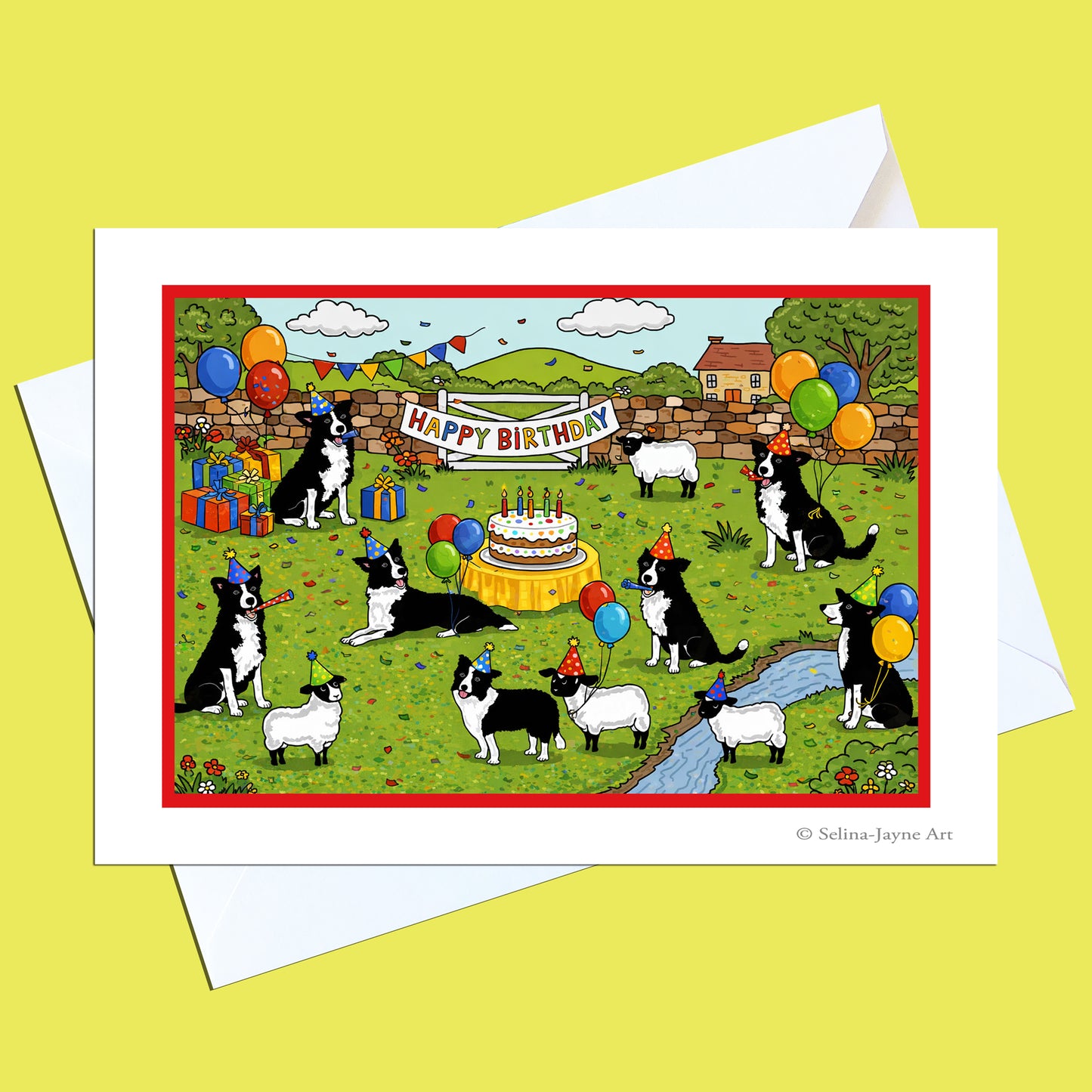 Border Collie Birthday Card front view by Selina-Jayne Ar