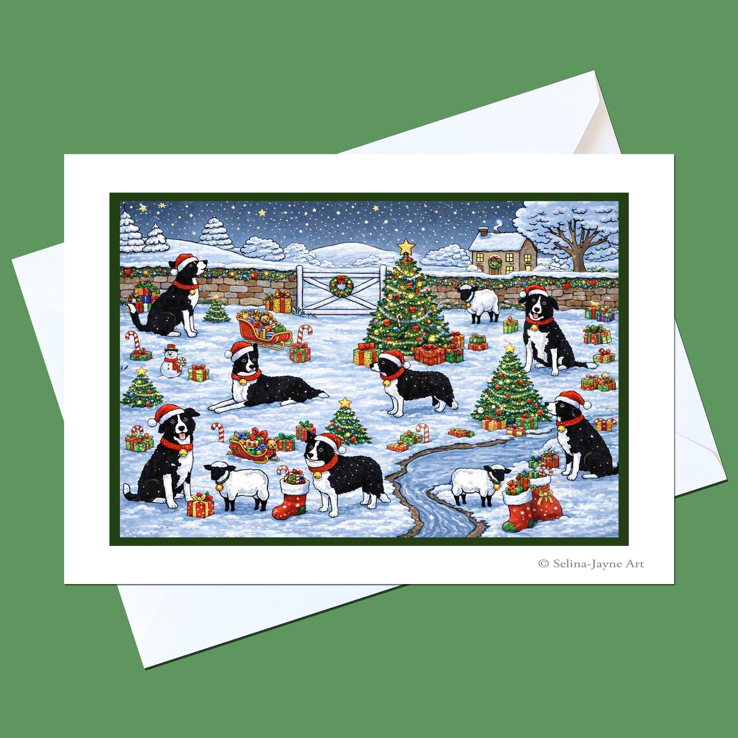 Border Collie Christmas Card front view by Selina-Jayne Art