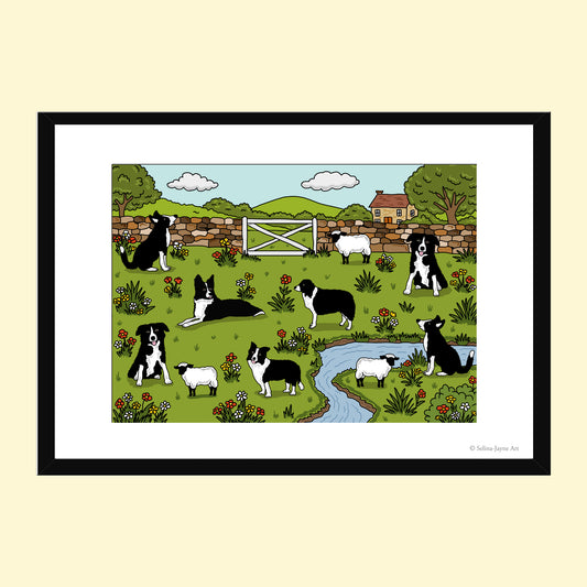 Border Collie Limited Edition Framed Fine Art Print by Selina-Jayne in Black Frame - Border Collies in Spring Meadow Giclée Wall Art
