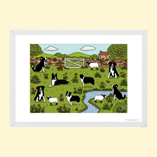 Border Collie Limited Edition Framed Fine Art Print by Selina-Jayne in White Frame - Border Collies in Spring Meadow Giclée Wall Art