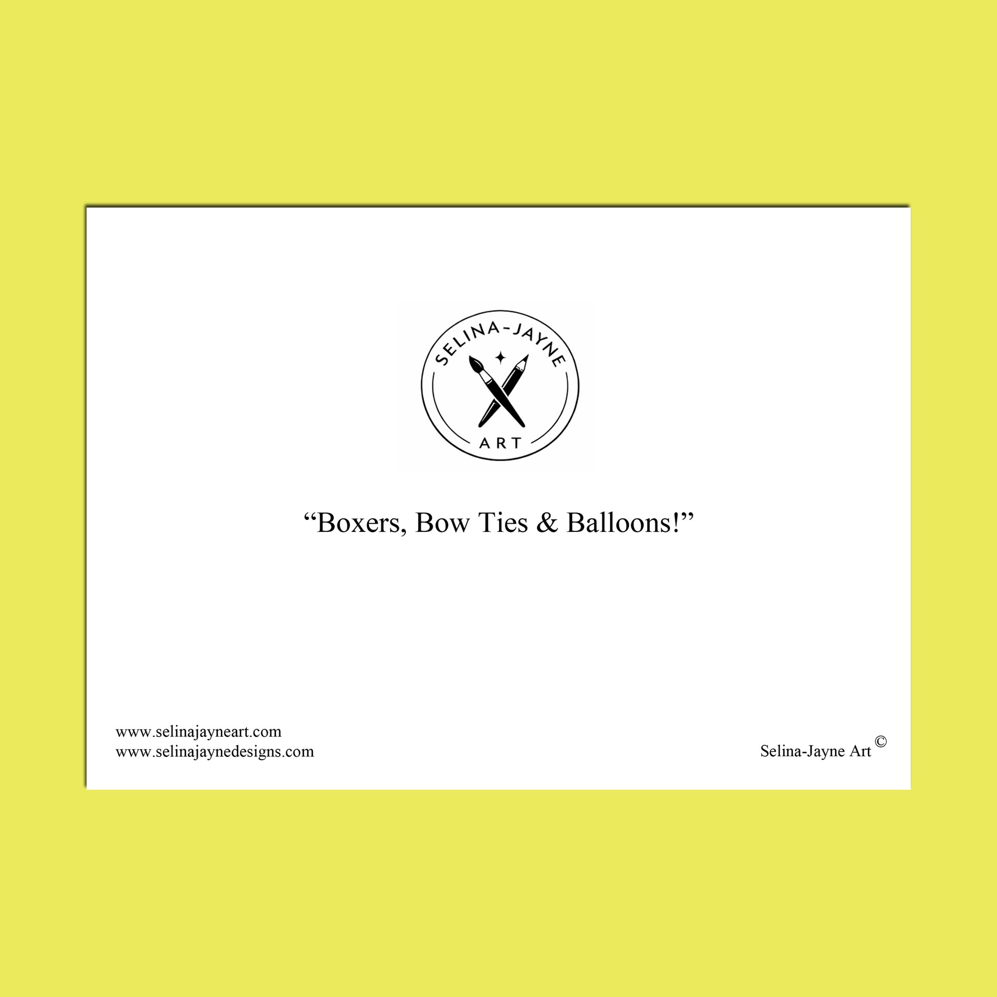 A minimalist art print or design card featuring a white rectangular center with black text and logo on a bright yellow background. The central logo reads 'Selina Jayne Art' with crossed tools inside a circle, and the text below says 'Basset Hound Birthday Bash'.