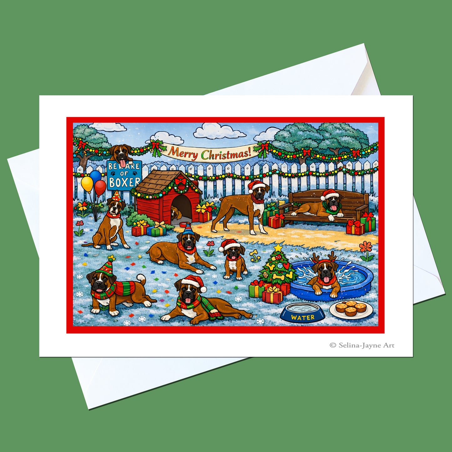 A Christmas-themed greeting card featuring boxer dogs in a festive yard with a doghouse, wreath, gifts, and a small pond, shown with a white envelope on a green background. The card has a red border and the text 'Merry Christmas!' across the top.
