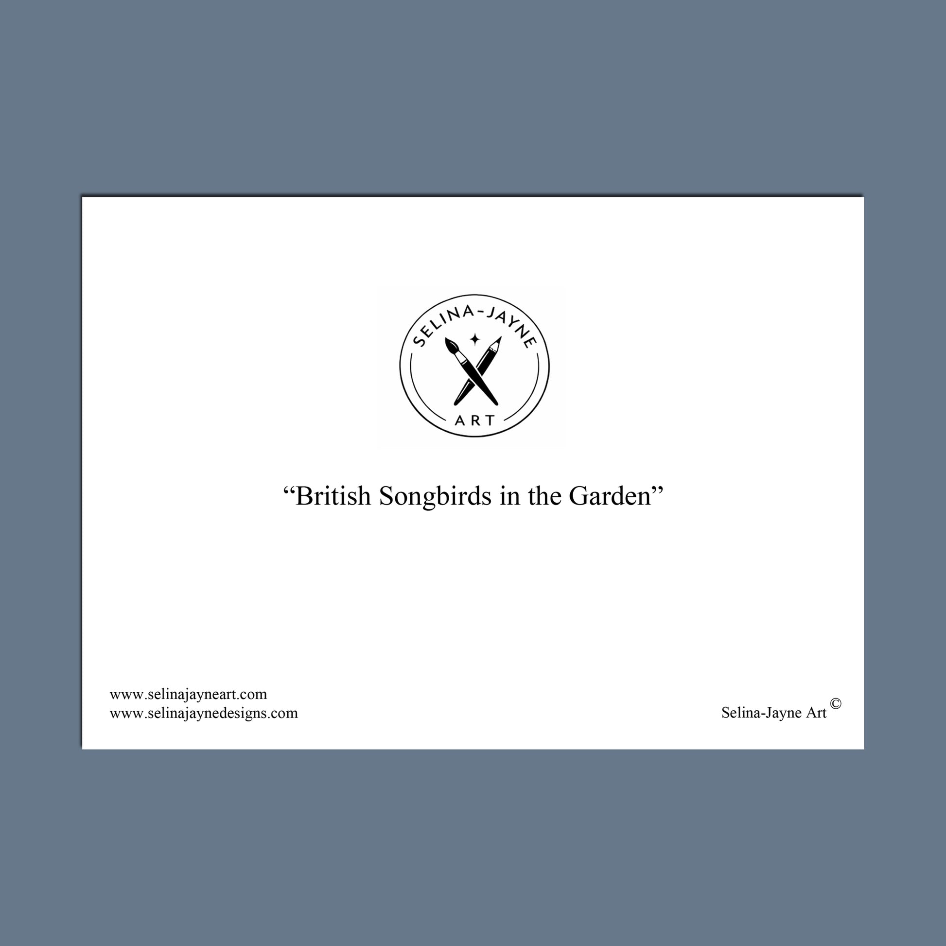 A minimalist art print or poster card on a slate blue background. The card is white with black text and a circular logo reading 'Selina Jayne Art' with crossed tools in the center, plus website text and the title 'British Songbirds in the Garden'.