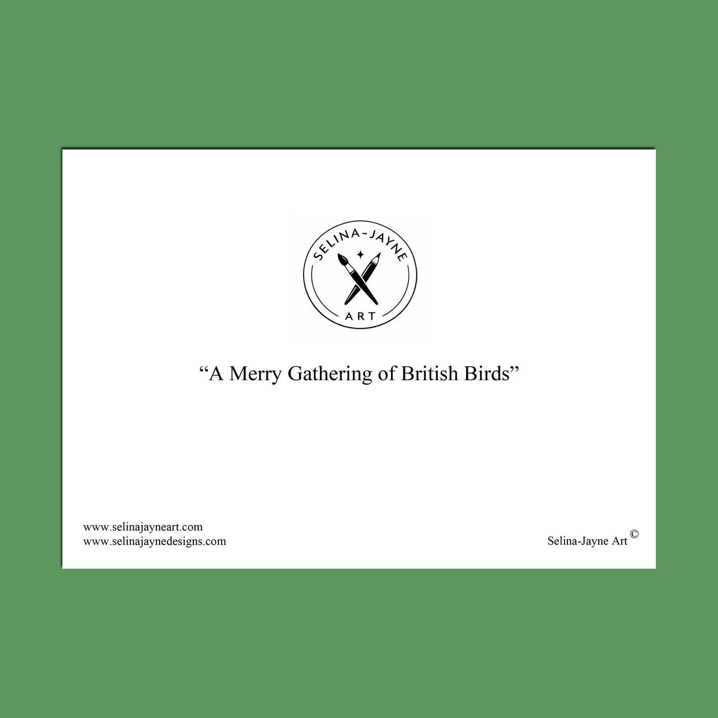 A square art print or poster centered on a solid green background. The print has a white border and features the text 'SELINA - JAYNE ART' in a circular logo above the title 'A Merry Gathering of British Birds'.
