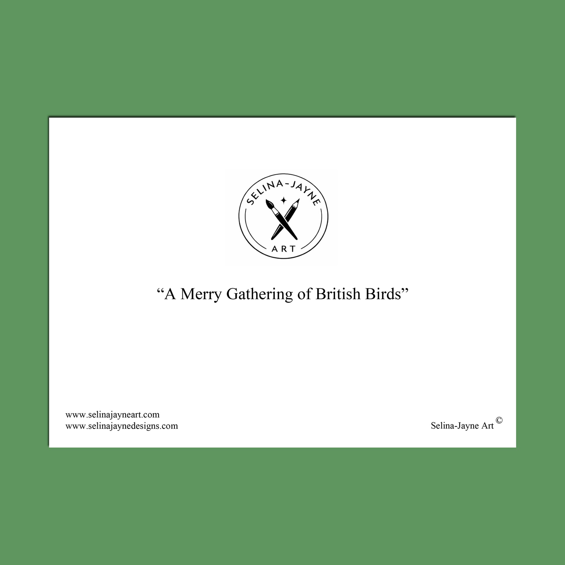 A square art print or poster centered on a solid green background. The print has a white border and features the text 'SELINA - JAYNE ART' in a circular logo above the title 'A Merry Gathering of British Birds'.
