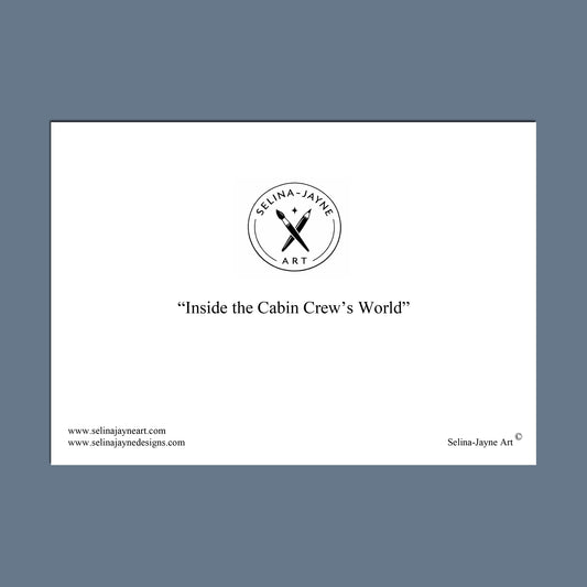 A minimalist art print or poster on a white sheet, featuring the circular 'Selina-Jayne Art' logo and the text 'Inside the Cabin Crew's World' in black, centered on a slate blue background.