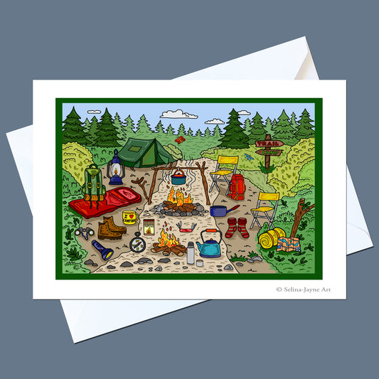 A square art print or greeting card featuring a colorful illustrated camping scene with a tent, campfire, lanterns, boots, and outdoor gear, shown on top of white envelopes against a slate blue background.