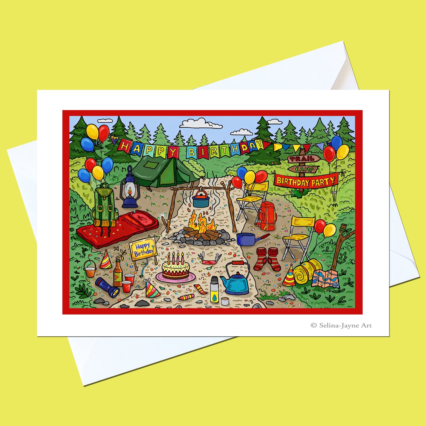 A square art print or greeting card featuring a colorful illustrated campsite birthday party scene with a tent, balloons, fire pit, drinks, and banners, shown on top of white envelopes against a pale yellow background. Small text at the bottom right reads '© Selina Jayne Art'.