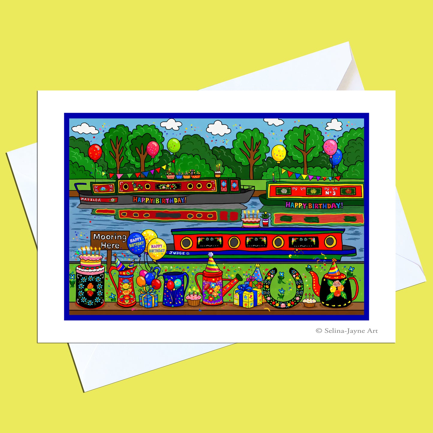 Canal Boats Birthday Card front view by Selina-Jayne Art