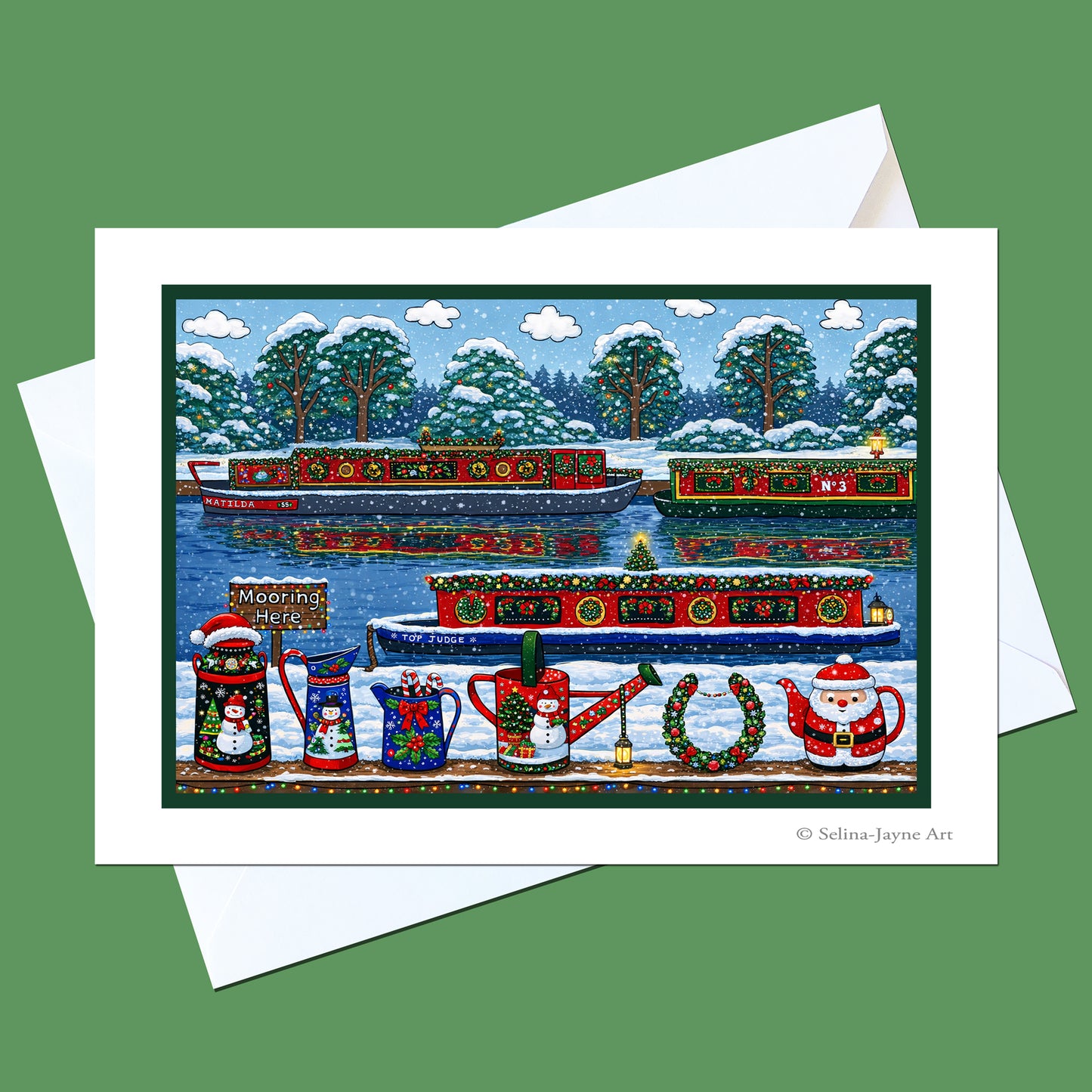 Canal Boats Christmas Card front view by Selina-Jayne Art