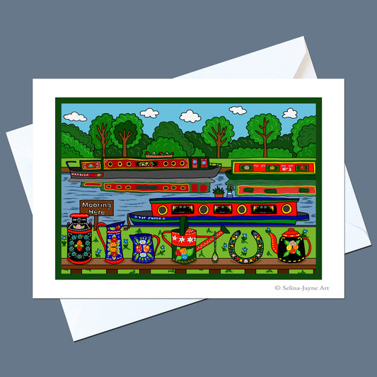 Greeting card with a colorful illustration of canal boats and teapots on a blue background