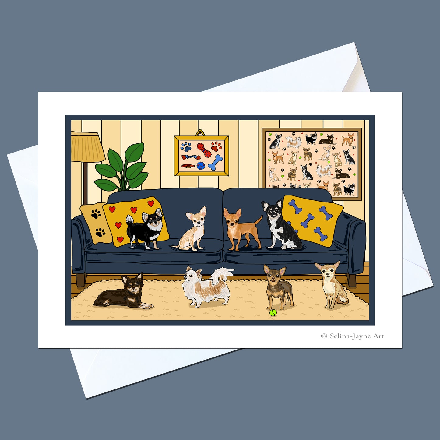Chihuahua Dogs Greeting Card by Selina-Jayne Art - Couch Companions A5 Illustration Card