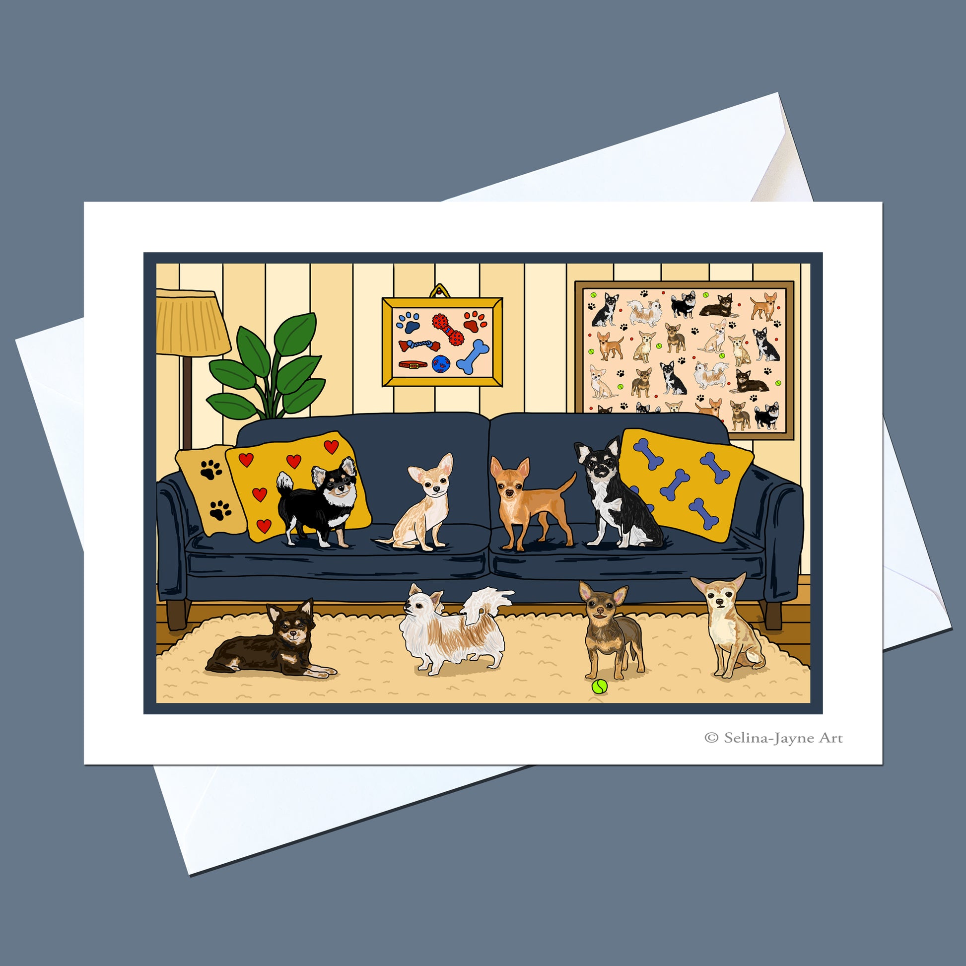 Chihuahua Dogs Greeting Card by Selina-Jayne Art - Couch Companions A5 Illustration Card
