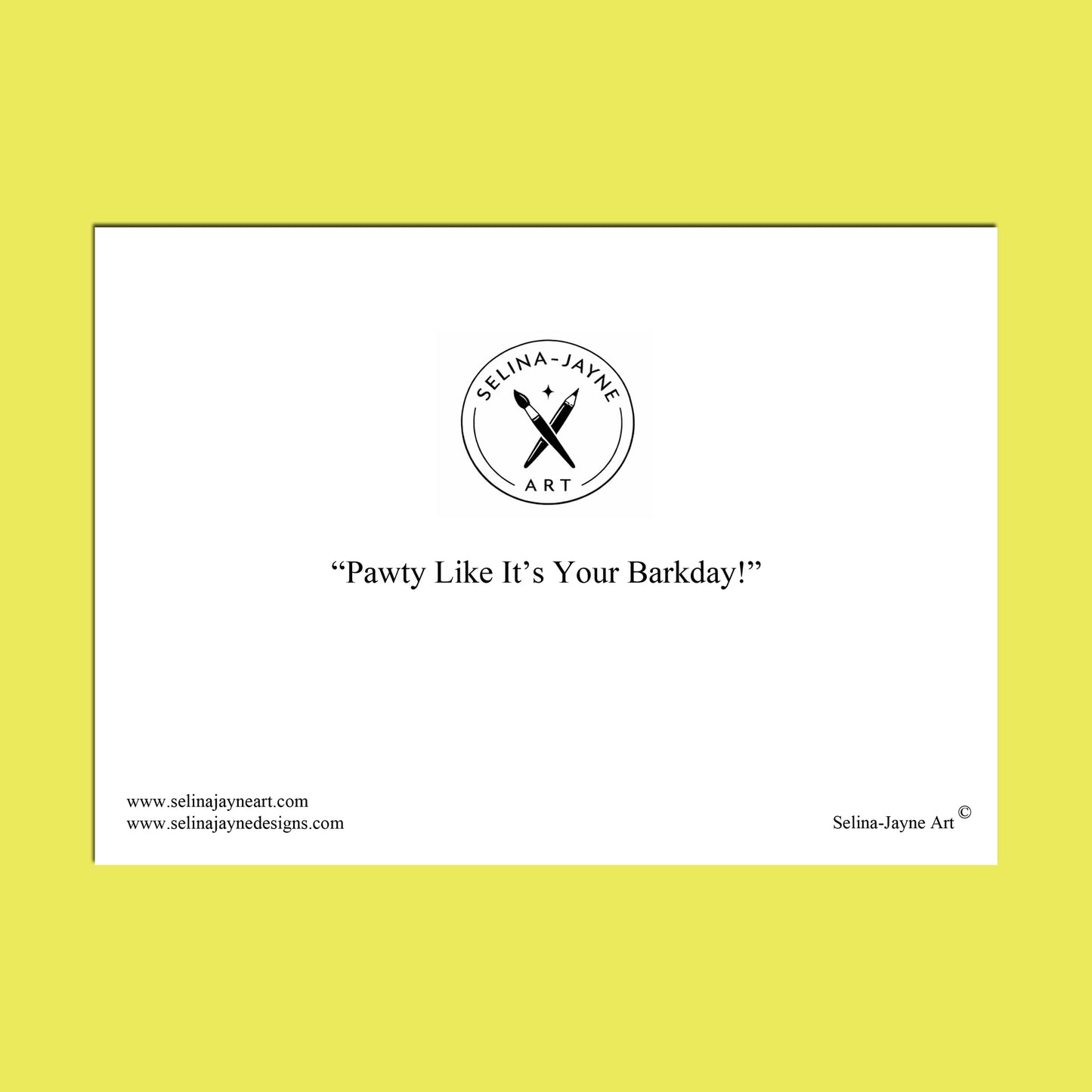 A minimalist art print featuring the text 'SELINA - JAYNE ART' and 'The Cockapoo Crew!' centered on a white rectangular card, set against a yellow background.