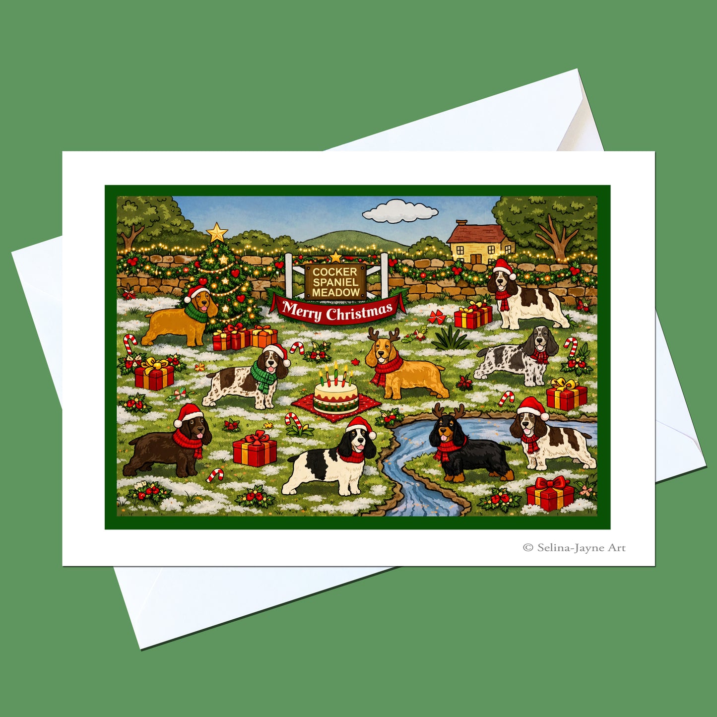A Christmas-themed greeting card featuring multiple dog breeds in a festive outdoor scene with a tree, gifts, and a sign reading 'Merry Christmas' and 'Cocker Spaniel Meadow.' The card is shown with white envelopes on a solid green background.