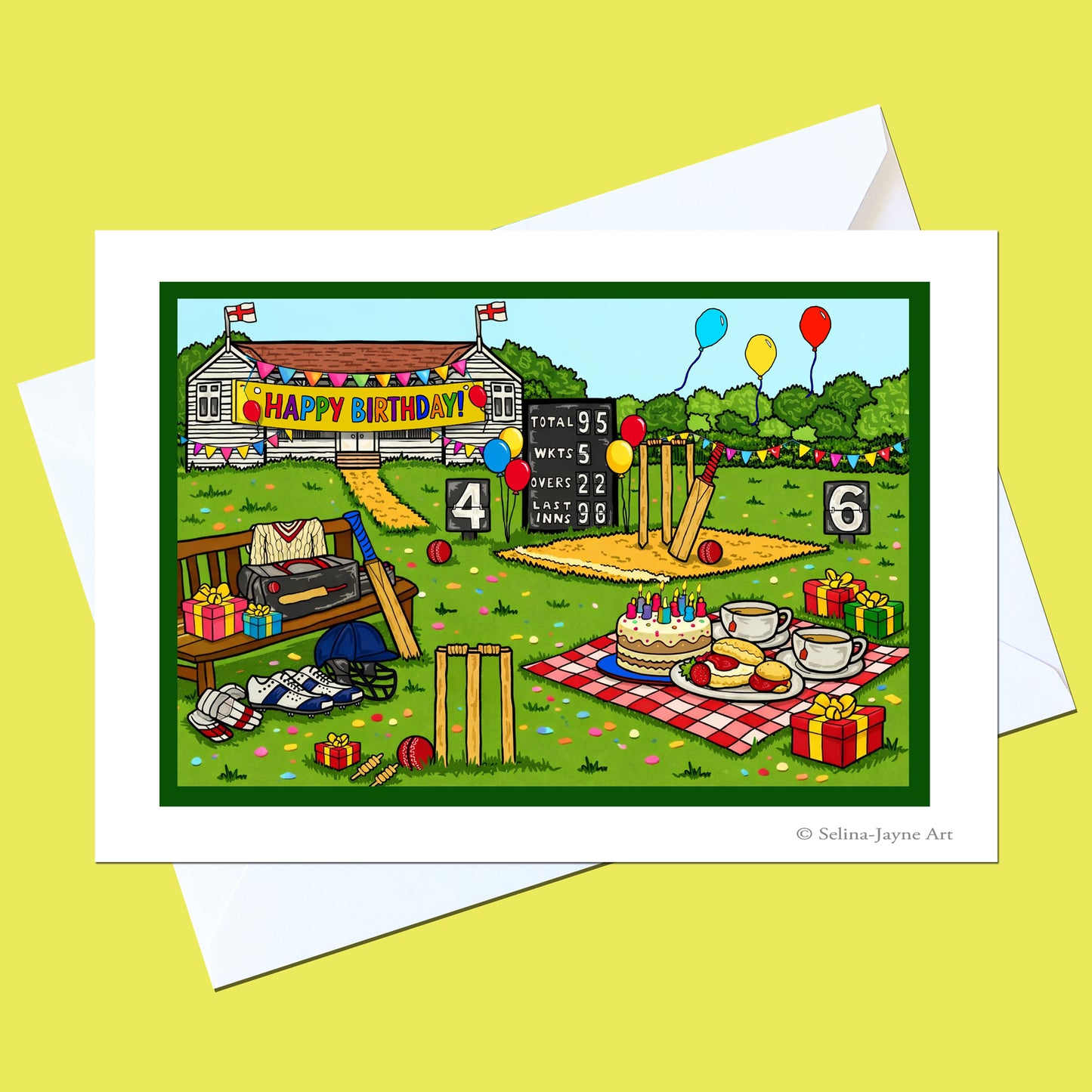 A square illustrated birthday card with a white envelope behind it, shown on a pale yellow background. The card features a whimsical cricket-themed birthday scene with a scoreboard, cake, gifts, balloons, and a green field.