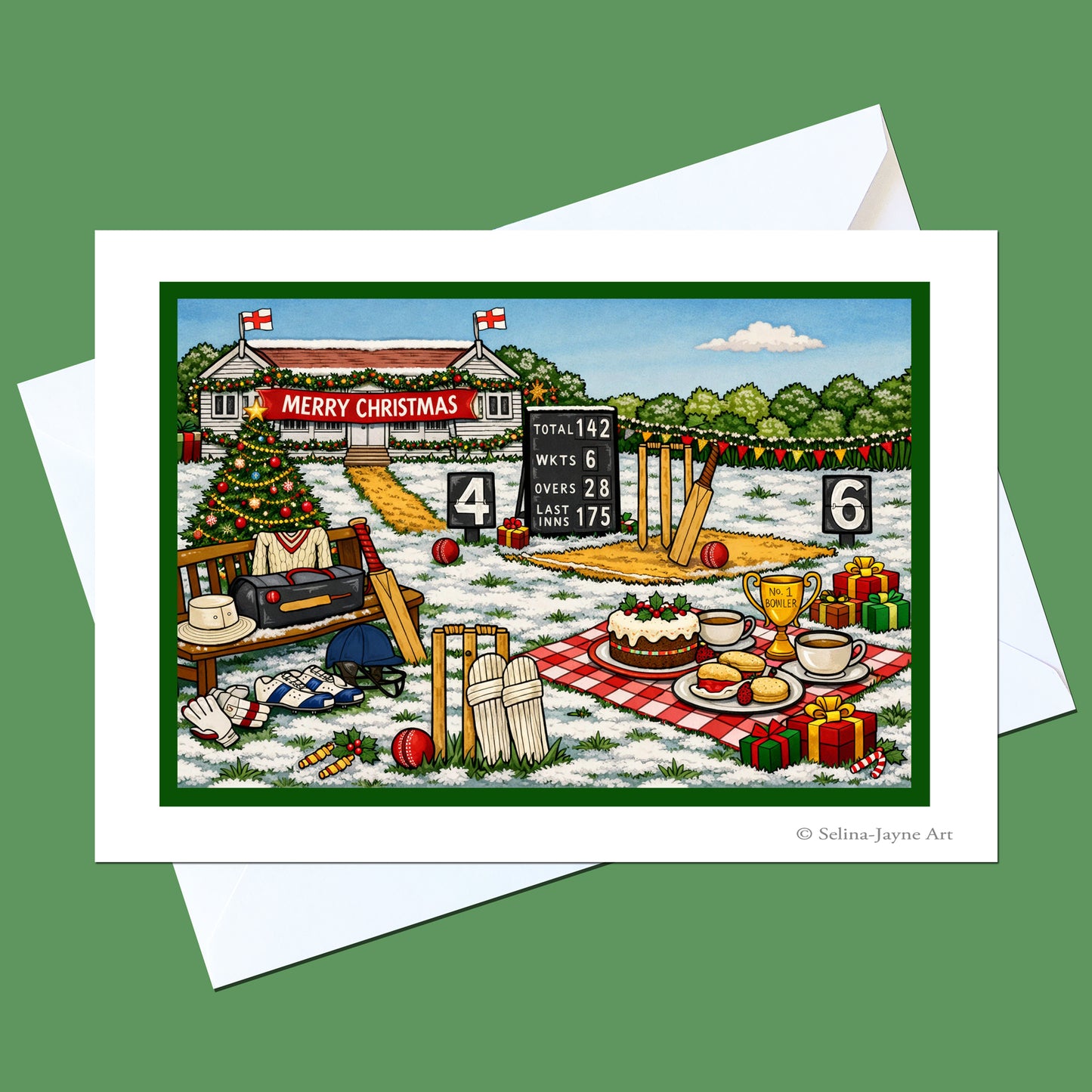 A square greeting card with a white border and white envelope, featuring a colorful illustrated Christmas cricket scene on a green background.