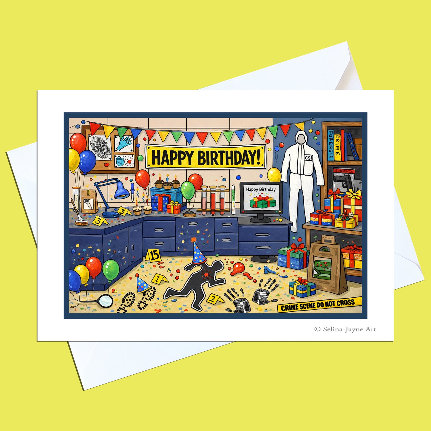 A birthday greeting card featuring a detailed cartoon illustration of a crime scene with balloons, gifts, a body cavity kit, and a figure in white, with 'HAPPY BIRTHDAY!' written across the top. The card is shown with a white envelope on a pale yellow background.