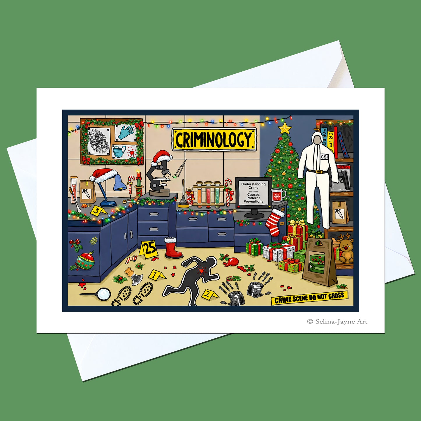 A white greeting card with a colorful cartoon illustration of a messy crime lab decorated for Christmas, shown with a white envelope on a solid green background. The card features the title 'CRIMINOLOGY' and a small credit '© Selina Jaynes Art'.