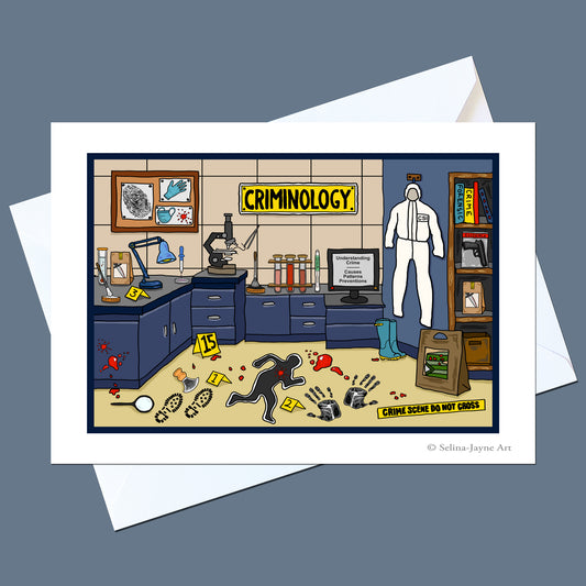 A square art print featuring a cartoon-style crime scene investigation lab, shown with a white envelope on a slate blue background. The illustration includes a 'CRIMINOLOGY' sign, a white suspect in a hazmat suit, a black body, and various evidence items on the floor.