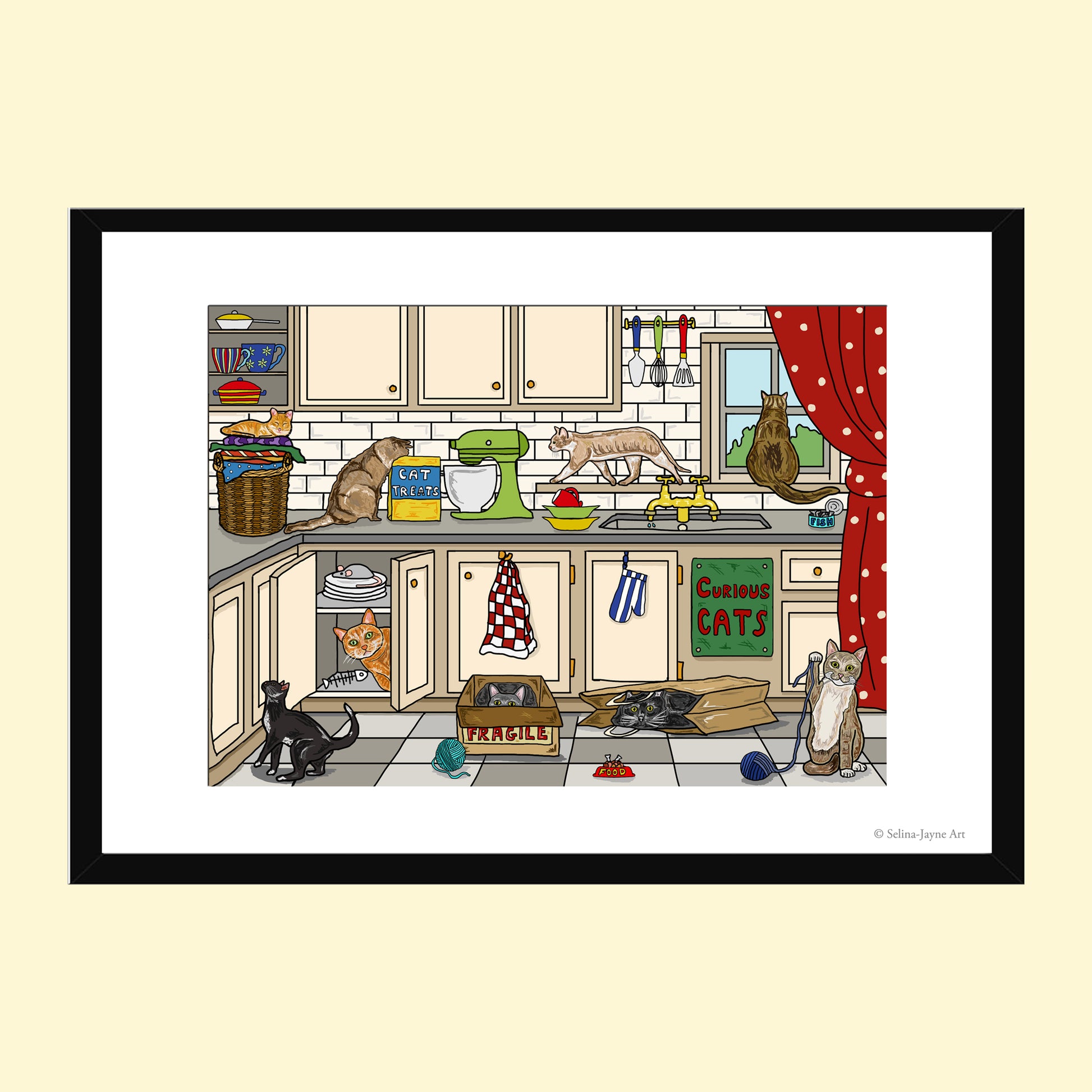 Curious Cats Limited Edition Framed Fine Art Print by Selina-Jayne in Black Frame - Curious Cats in the Kitchen Giclée Wall Art
