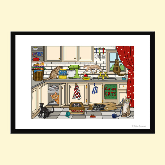Curious Cats Limited Edition Framed Fine Art Print by Selina-Jayne in Black Frame - Curious Cats in the Kitchen Giclée Wall Art