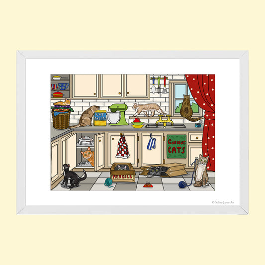 Curious Cats Limited Edition Framed Fine Art Print by Selina-Jayne in White Frame - Curious Cats in the Kitchen Giclée Wall Art